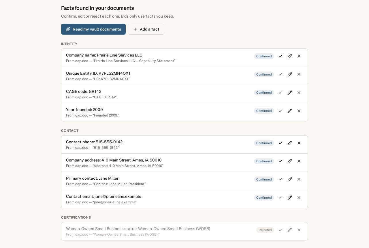 BidTackle's Company Vault with company facts extracted from documents, each one confirmable