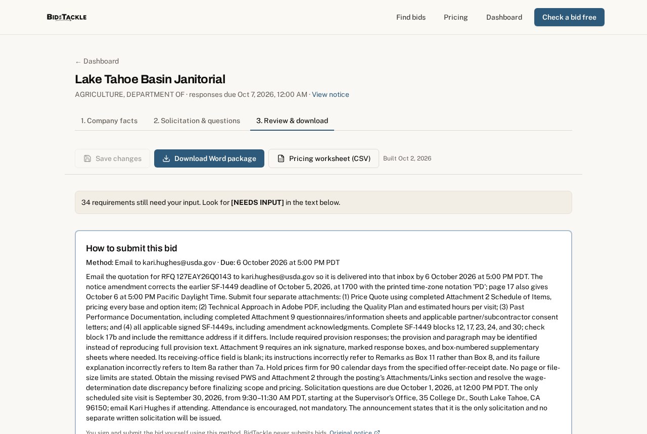 BidTackle's bid workspace showing the finished package, submission instructions and sourced sections